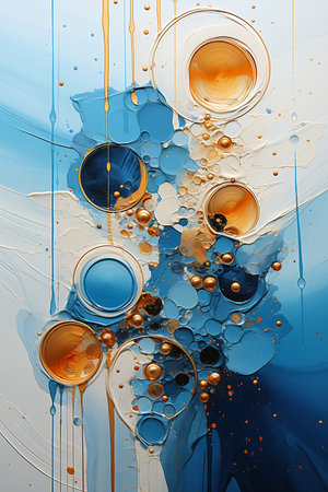 blue orange abstract bubbles drops sun gold silver shapes page oil internal contours wall, generative aiの素材