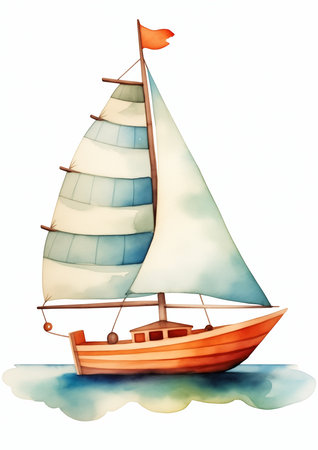 sailboat flag assets traveler wooden boat illustration cyan, generative aiの素材