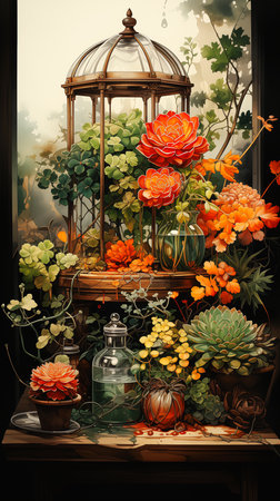 bird cage flowers plants full glass orange color leaves small windowsill graphic enchanted terrarium top rated puzzle pots walls pastel, generative aiの素材