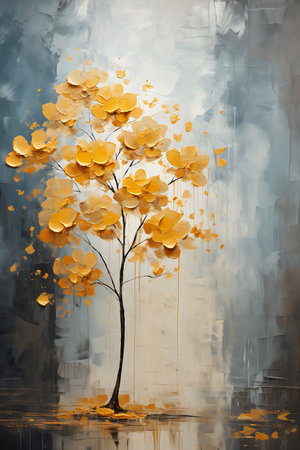 tree yellow leaves rain white gold golden treasures walls wilted flowers oil sprays wall depicting flower, generative aiの素材