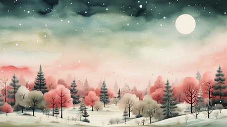 snowy landscape trees full moon cute pink grey color illustration sky faint misty red hue snowflakes falling spring paper decoration background, generative aiの素材