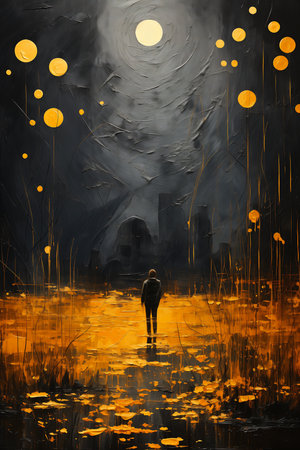 man walking field yellow flowers dystopian city skyline night black tar particles unsaturated atmosphere album trance dripping abstract lost lucid dream, generative aiの素材