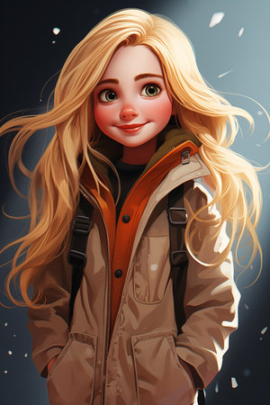 closeup cartoon girl long blonde hair teenage standing mountain antarctica dean winchester schoolgirl characters merged hollow cheeks warm color clothes, generative aiの素材