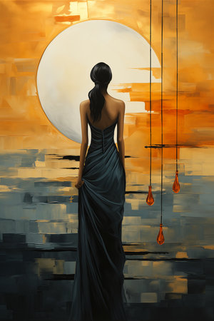 woman long dress looking sun red orange moonlight reflection moon sorrow oil matte canvas teardrop nocturnal palette slim legs moons evening silhouette two, generative aiの素材