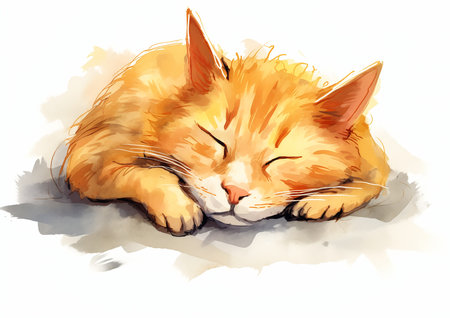 kitty cat kitten sleeping white surface eyes closed illustration yellow orange happily tired streaming cute ginger defense resting, generative aiの素材