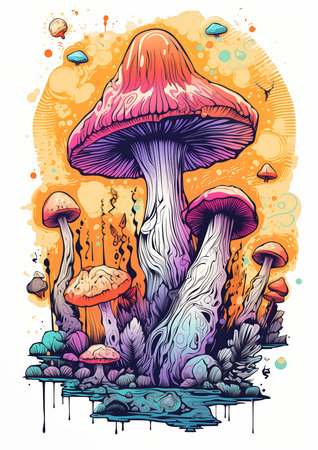 mushroom illustration splash paint color playful hanging scroll poison lithograph rave poster toadstools, generative aiの素材