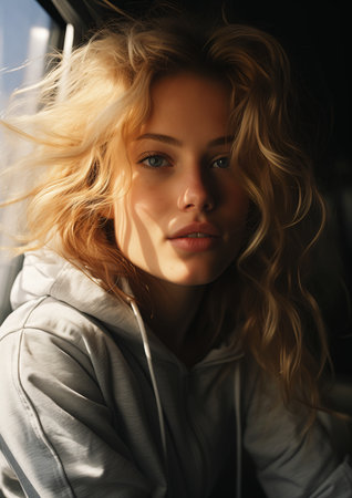 blonde woman blue eyes hoodie sitting car city lips wild hair aphrodite goddess love curly blond dream natural white shirt brightly lit, generative aiの素材