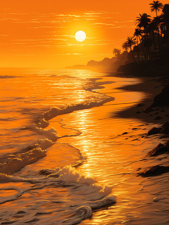 sunset beach waves coming shore illustration yellow sun shining down drawing melting california late evening golden tropical, generative aiの素材