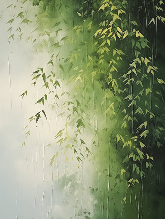 green white tree leaves rainy day bamboo wood old canopy painted thin brush streaming paint drops silk ronin, generative aiの素材