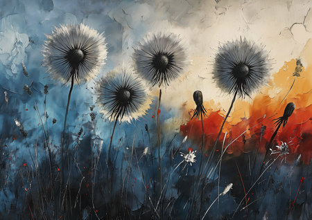 three dandelions field red sky white fog sea breeze rises air princess begin fear steams instinct fails blowing sands, generative aiの素材
