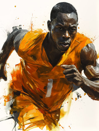man running basketball ball hand orange racing stripes portrait banjo wearing jumpsuit pencil illustration put pounds muscle speed white trend, generative aiの素材