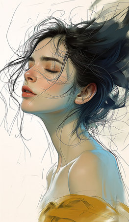 woman eyes closed hair blowing wind soft blue light shape face body visual young depicted portrait, generative aiの素材