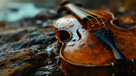 violin sitting rock deep droplets forlorn new musical instruments young after rain instrument, generative aiの素材
