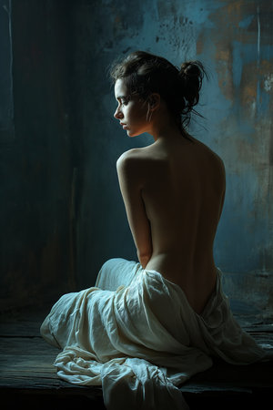 woman sitting wooden floor white dress bare back unclad business products supplies solitude portrait scenery, generative aiの素材
