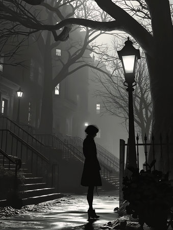 woman standing snow next lamp post noir still shadow noire foreground morals streets, generative aiの素材