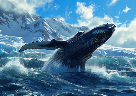 whale jumping out deep ocean snowy mountains illustration highly offshore winds still engine, generative aiの素材