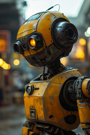 robot standing street portrait closeup high bumblebee actor, generative aiの素材