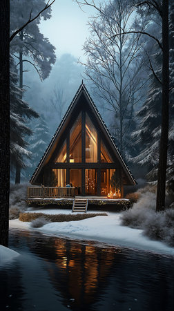 cabin woods lit candle porch amazing winter sharp features protection plans holiday resort incredible, generative aiの素材