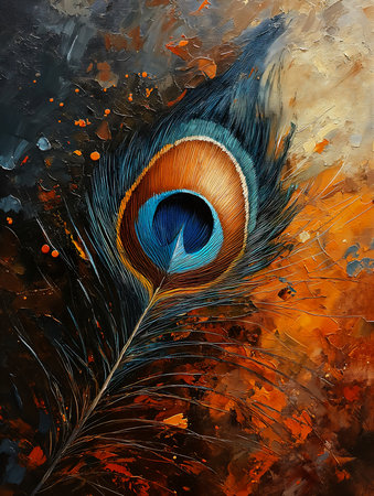 peacock feather blue eye background grey orange colors oil anthropomorphic bird thick impasto paint yantra abandon ego charismatic, generative aiの素材