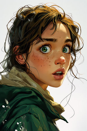 girl freckles face green eyes shocked look wide expression perfectly shaded surprised colored manga, generative aiの素材