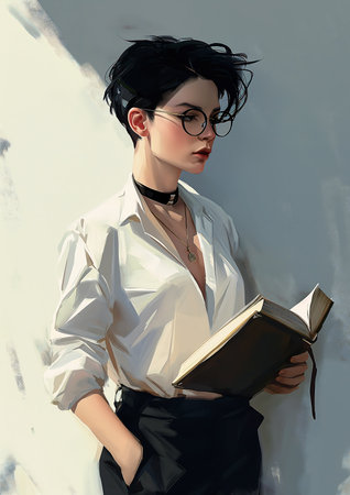 woman glasses reading book front wall young fell alluring casting chaos magic library holds glass wine attractive humanoid academia aesthetics, generative aiの素材