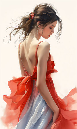 woman red dress bow best drawing blue young alluring long white flowing hair thin line, generative aiの素材