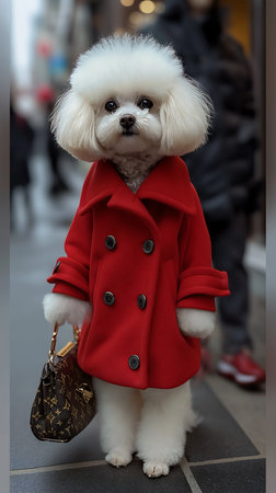 dog dressed red coat bag short hair news puff sleeves shopped slim figure cute funny ready fight, generative aiの素材