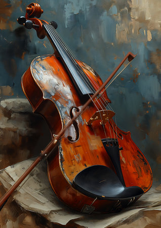 violin sitting rock wooden stick texture double bass stands easel oil breathtaking bravo burnt umber, generative aiの素材