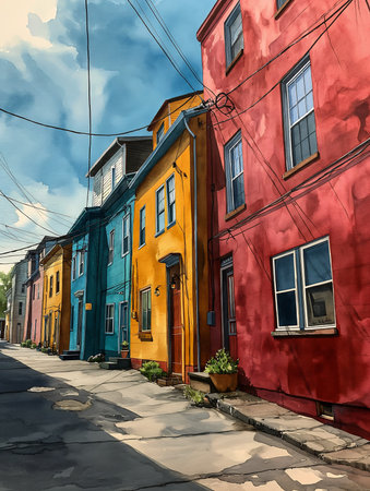 houses side street deep color empty amazing inspiring vibrant sky sunny environment, generative aiの素材