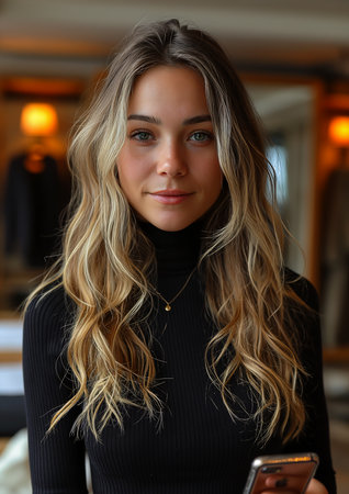woman black turtleneck sweater holding cell phone long luxurious light blond hair perfect face young neck makeup cute soaking wet full growth back, generative aiの素材