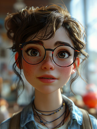 woman glasses backpack looking professional details sculpt young girl faces classical, generative aiの素材