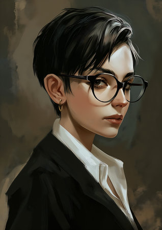 woman glasses suit short black hair bangs platinum tomboy arrogant look serpent female office dress undercut mafia beauty, generative aiの素材