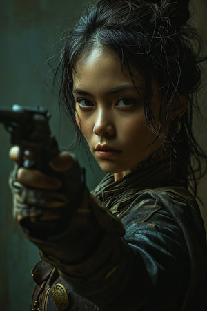 woman holding gun room arcane closeup young himalayan high noon portrait fight still tv series full, generative aiの素材