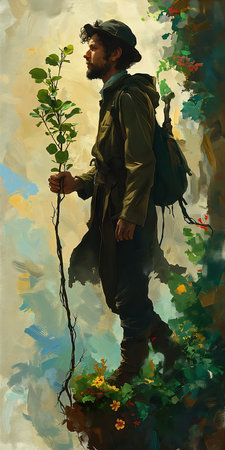 man backpack tree hand young female soldier apple trees modern attire pilgrimage roots thorns hiking clothes revolutionary nag, generative aiの素材