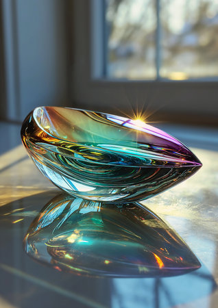brightly colored glass bowl sitting surface front window bifrost perfume bottle sunbeam female winner design gradients placed living room, generative aiの素材