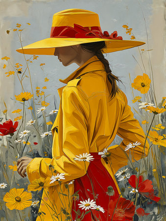 woman yellow hat raincoat field flowers red gold absence makes heart grow fonder silk specter standing tall grass dandelion black scheme wearing honey, generative aiの素材