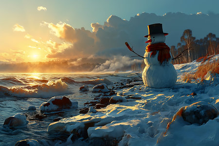snowman standing beach sunset cold sunny weather incredible winter santa splash seasons emotion cartoon warm spring snowy, generative aiの素材