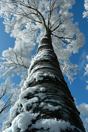 tree snow blue sky background japanese magazine high angle closeup colossus attribution birch swamp, generative aiの素材
