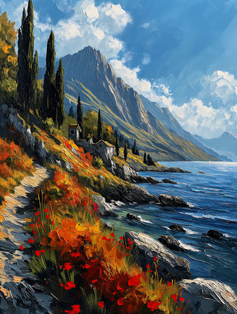 path leading lake mountain background flowers sea everywhere warm rendition adventurer waves black, generative aiの素材