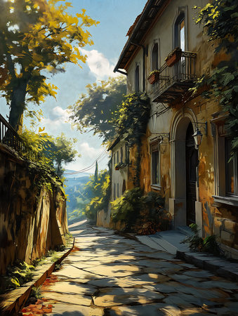 street stone path building top rated diffuse sunlight hillside eternal city large canvas house running italian town standing alleyway, generative aiの素材