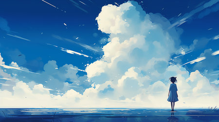 girl standing beach looking sky favorite puffy clouds facing blue ice angels white gauze dresses immensity streaming fructose wall dress, generative aiの素材