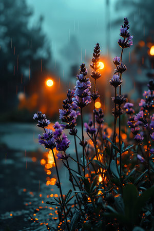 purple flowers rain background fires glow lonely scenery fireflies air night daytime zen parks gardens raining nighttime blue orange lighting, generative aiの素材