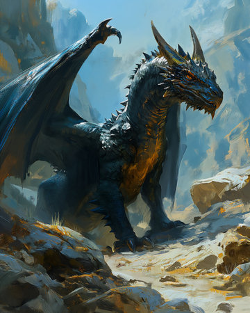 dragon huge head wings rocky area blue black streaming air support european four legged, generative aiの素材