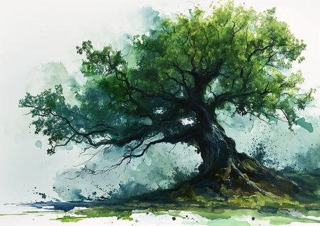 tree large trunk small branch square thick brush strokes oak alchemical illustration elder oaks, generative aiの素材