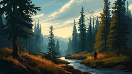 man walking forest near stream streaming sweeping vista bright rays light western river high school background, generative aiの素材