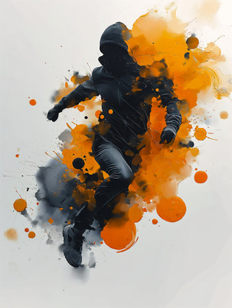man black outfit kicking soccer ball best orange blue bullet time splashed graffiti running freely tracksuit compass energy flowing gray colors burst powders one line, generative aiの素材