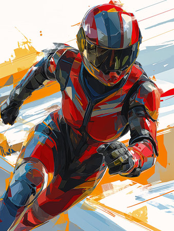 man riding down hill motorcycle red yellow scheme illustration driver streaming wearing helmet poster racers, generative aiの素材