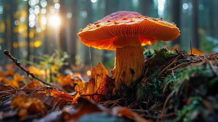 mushroom sitting ground woods luminous color yellow glowing background red orange sunlight gnomon interconnections shaders warmly lit, generative aiの素材