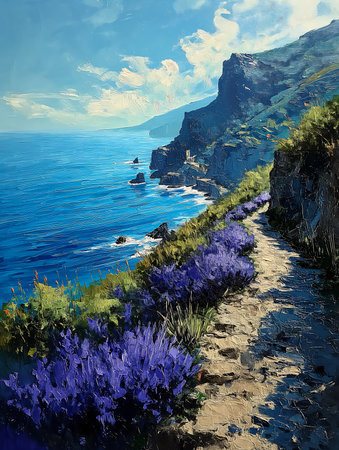 path leading cliff overlooking ocean blue flowers bloomed video file edelweiss purple breathtaking swiping brushwork uncharted streaming, generative aiの素材