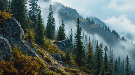 mountain few trees fog transparent ratio young spruce scenery panoramic picturesque forest calm afternoon wyoming intensely, generative aiの素材